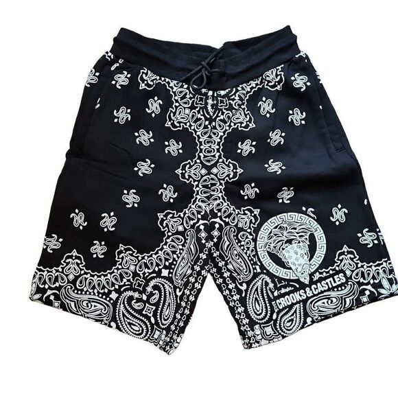 Crooks and Castles Men's Paisley Fleece Shorts  Black White Small - Picture 1 of 7